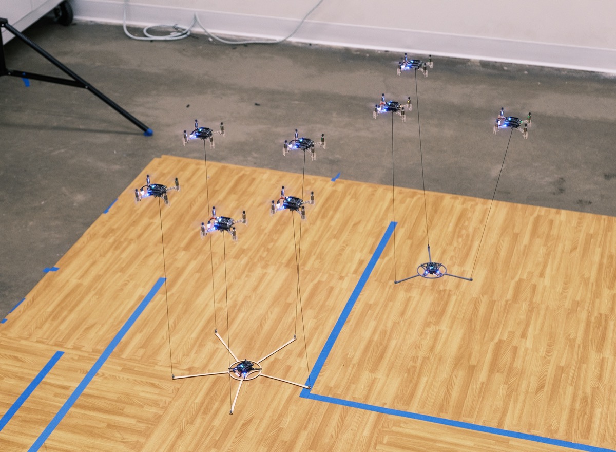 Two teams of drones transporting payloads on cables